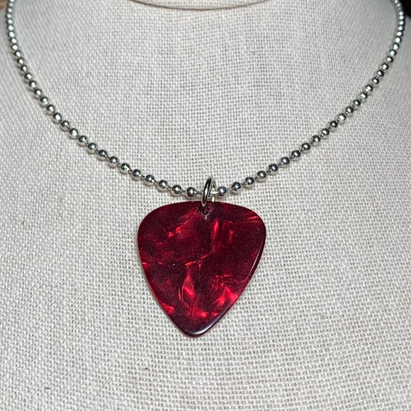 Men’s Red Marbleized Guitar Pick Silver Ball Chain Necklace, 23” - Picture 2 of 7
